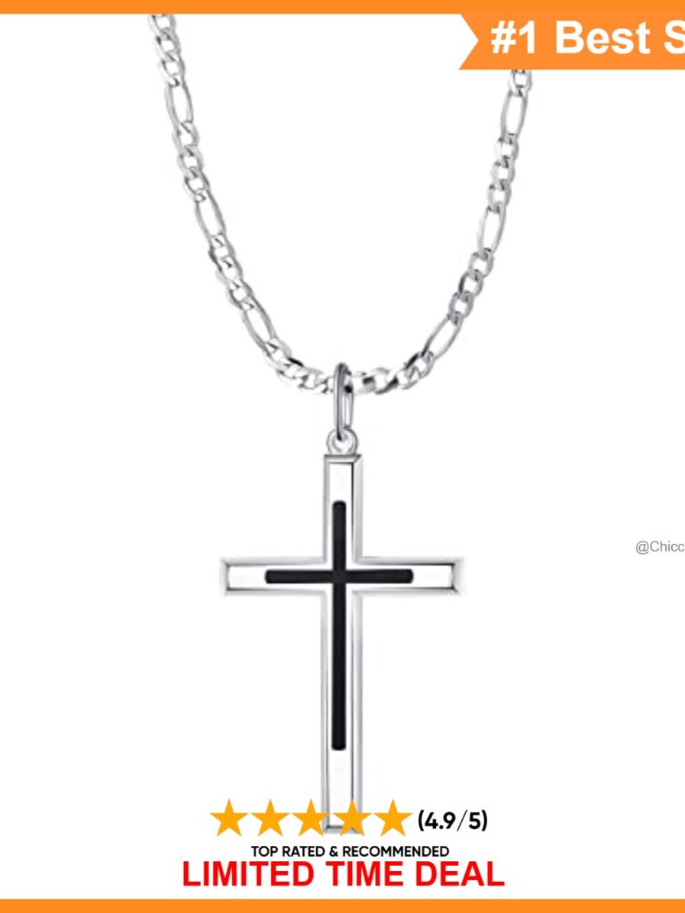 White Gold Plated 925 Sterling Silver Cross Pendant Necklace 4MM Figaro Chain